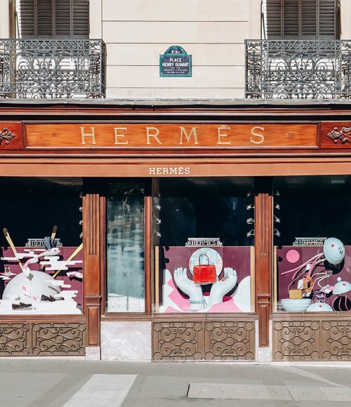 Paris, France - September 24, 2023: Facade of Hermes historic boutique at 42 Avenue George V in Paris